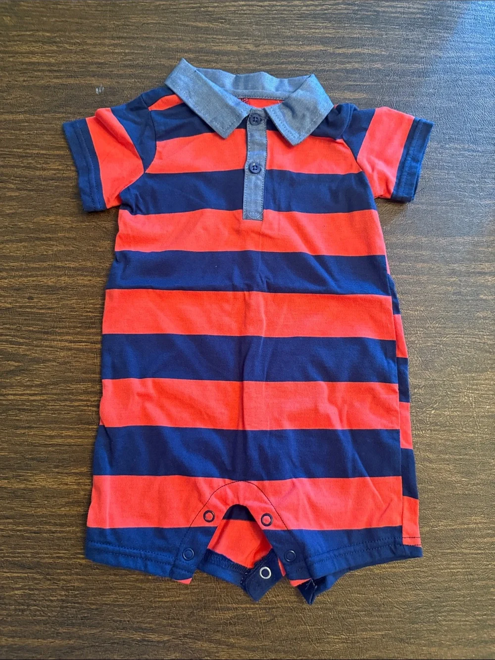 First Impressions Navy and Red Striped Polo One-Piece Bodysuit
